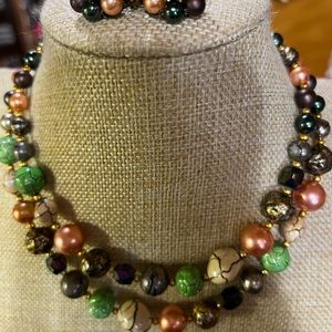 Made In Japan Multi Colored Multi Beaded 2 Strand Necklace/Clipon Earrings.